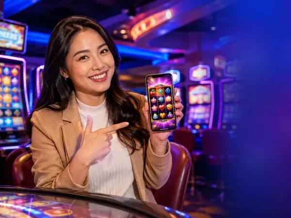jjjpk Woman pointing at a phone with illustrated reels in a casino setting