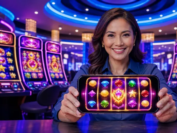 jjjpk Woman presenting a phone with fruit reels in blue casino lighting
