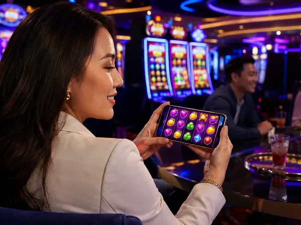 jjjpk Seated woman holding a phone beside illuminated slot machines