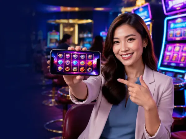 jjjpk Woman holding a phone horizontally with colourful fruit reels on screen