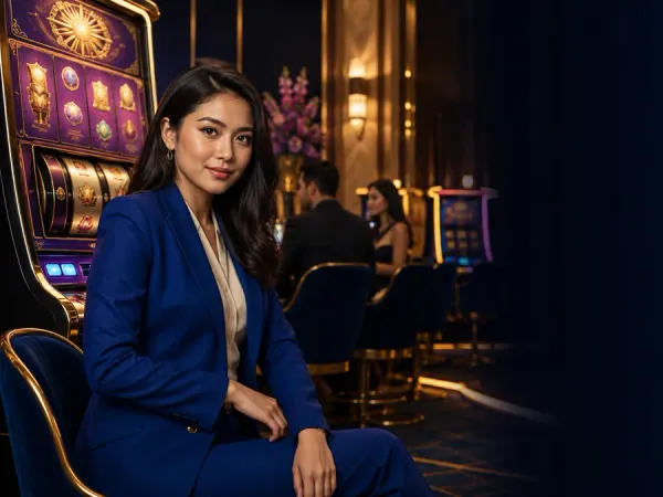 jjjpk Woman in a blue suit beside slot machines in a warm-lit lounge