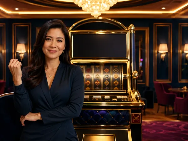 jjjpk Woman seated before a gold-framed slot machine in an elegant lounge