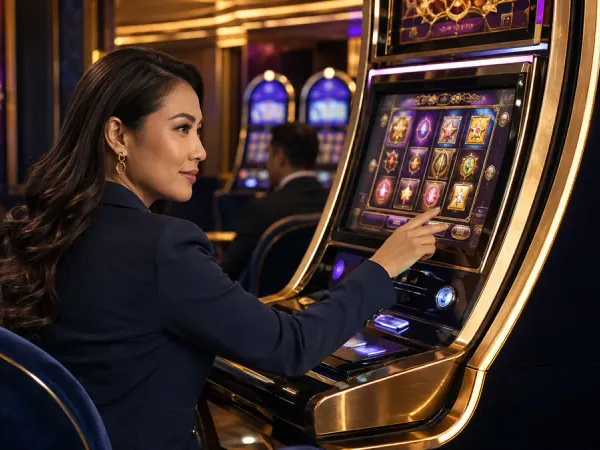 jjjpk Seated woman looking back from a slot machine with golden trim