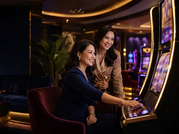 jjjpk Two women seated together at slot machines in a dark lounge