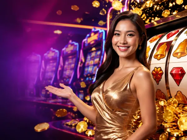jjjpk Woman in a gold dress beside a slot machine and scattered gold coins