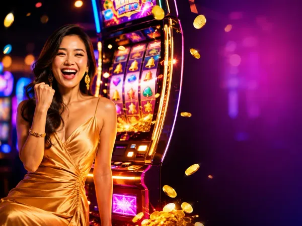 jjjpk Woman beside gold-framed slot reels in bright casino lighting
