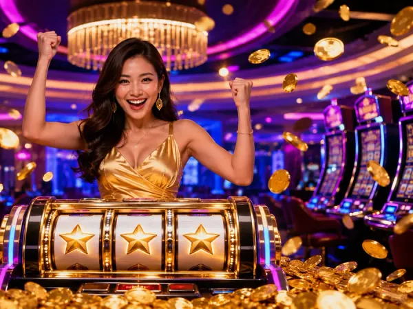 jjjpk Woman behind a star-symbol slot machine with illustrated gold coins