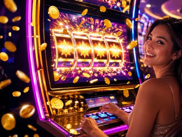 jjjpk Woman looking towards golden slot reels with star symbols