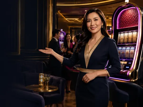 jjjpk Woman in a dark blazer beside a slot machine in a dim lounge