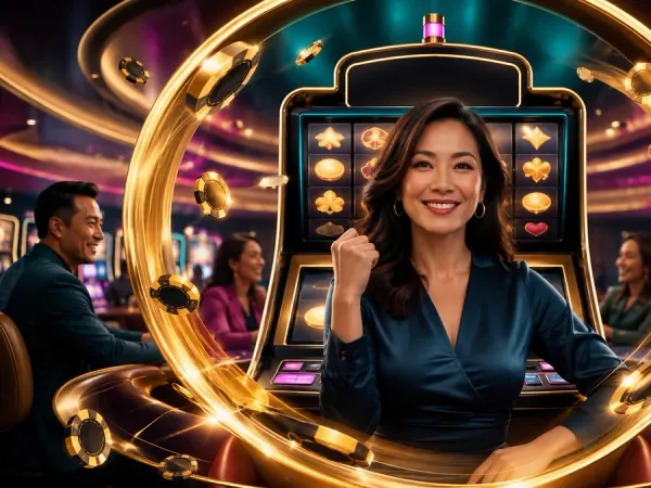jjjpk Woman in a blue blouse framed by a gold ring before slot reels