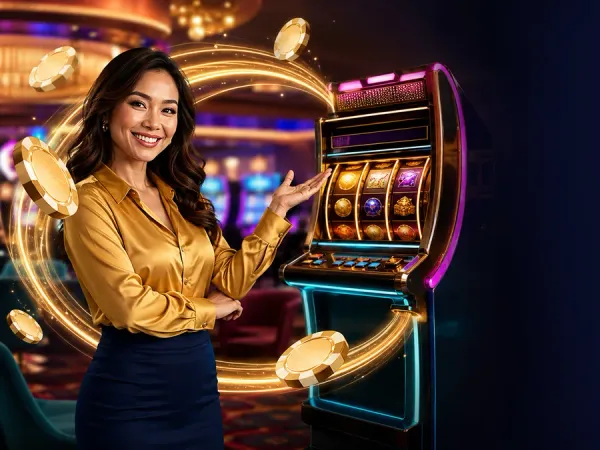 jjjpk Woman in a gold blouse presenting a slot machine with a sweeping gold arrow