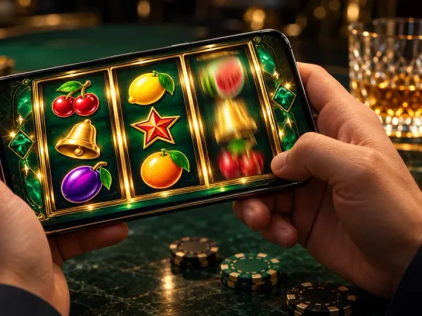 jjjpk Hands holding a phone with illustrated fruit slot reels and casino chips