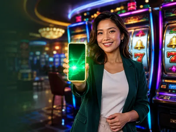 jjjpk Woman in a green blazer holding a glowing smartphone beside slot reels