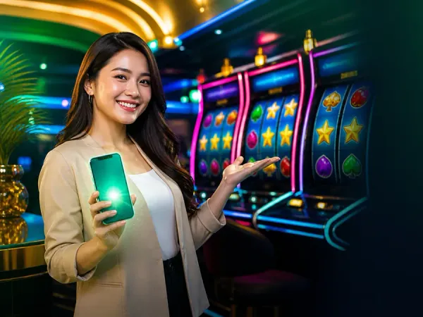 jjjpk Woman in a beige blazer holding a smartphone near colourful slot machines
