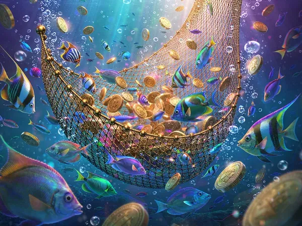 jjjpk Fish and gold coins surrounding an underwater net