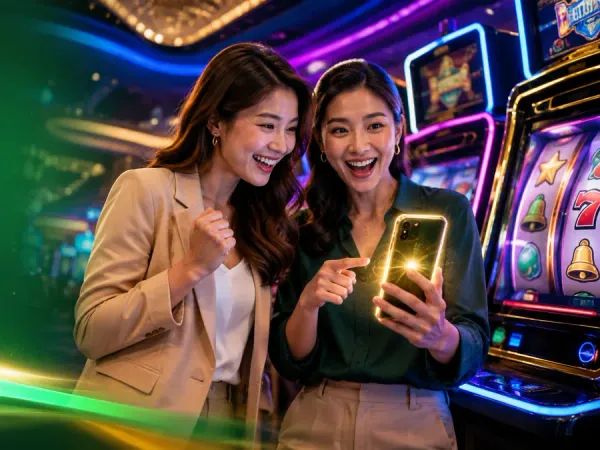 jjjpk Two women looking at a smartphone beside green-lit slot machines