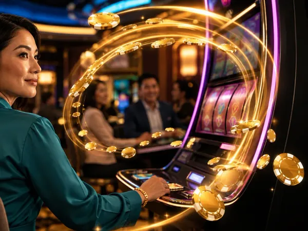 jjjpk Seated woman looking towards a slot machine amid gold light trails