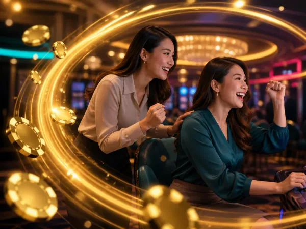 jjjpk Two women beside slot machines with a curved golden light trail