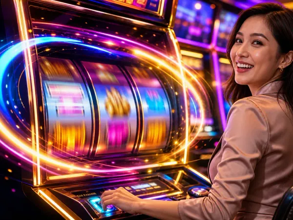 jjjpk Seated woman turning towards a brightly illuminated slot machine