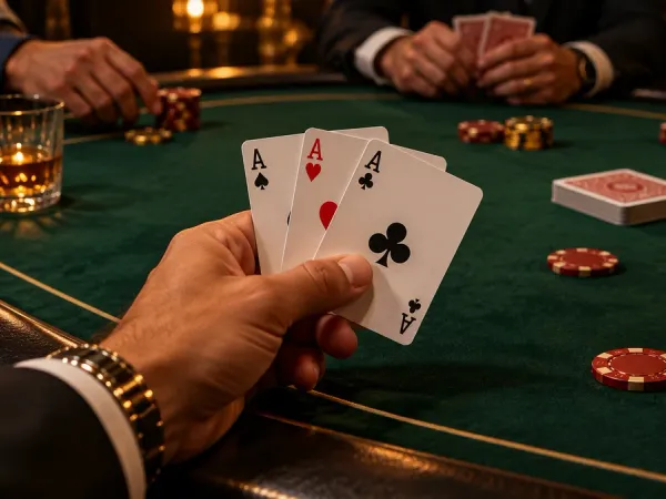 jjjpk Player holding three aces above a green card table with casino chips