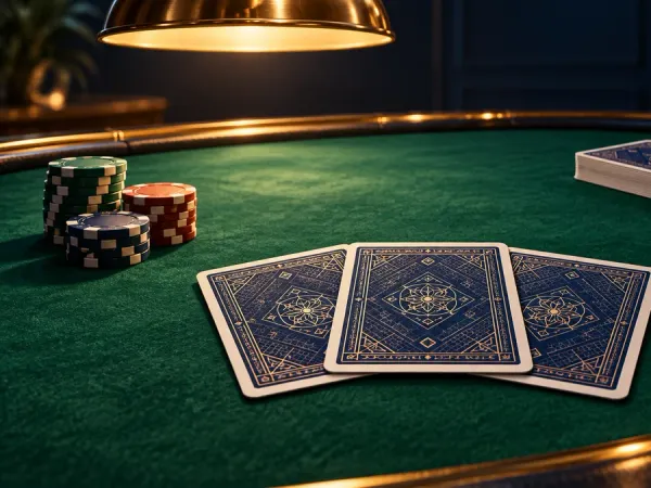 jjjpk Three face-down blue playing cards with chips and a deck on a green table