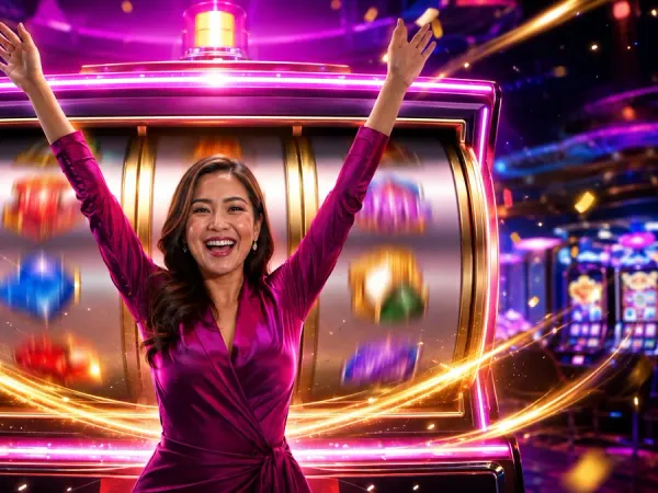 jjjpk Woman raising her arms before a large illuminated slot machine