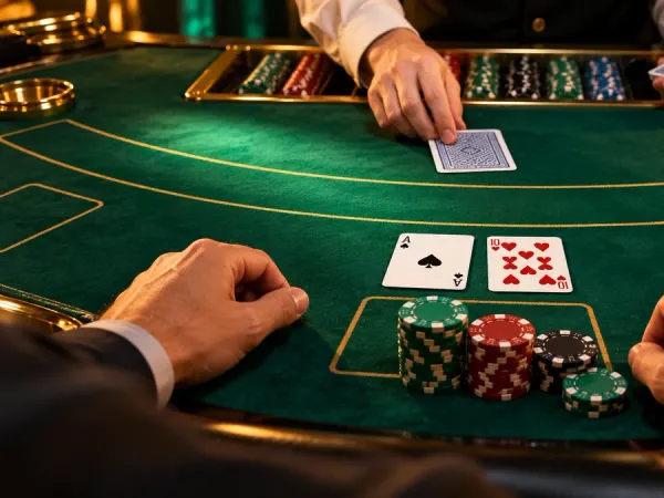 jjjpk Blackjack hand with an ace and ten on green felt beside casino chips