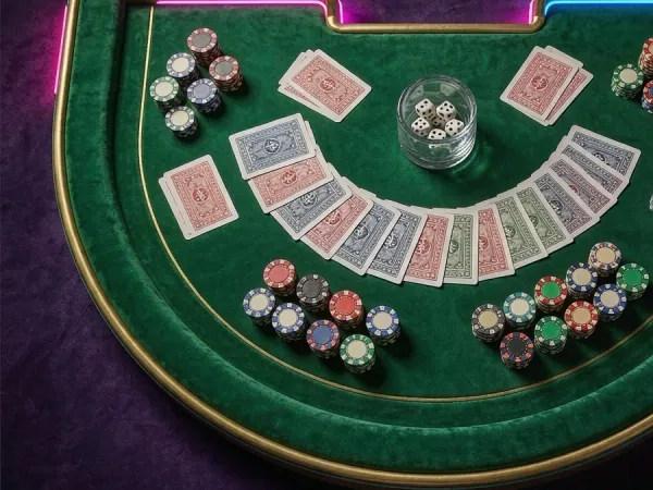 jjjpk Overhead view of playing cards and chips on a green table