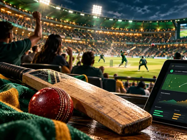 jjjpk Cricket bat and ball beside a fictional match dashboard in a floodlit stadium