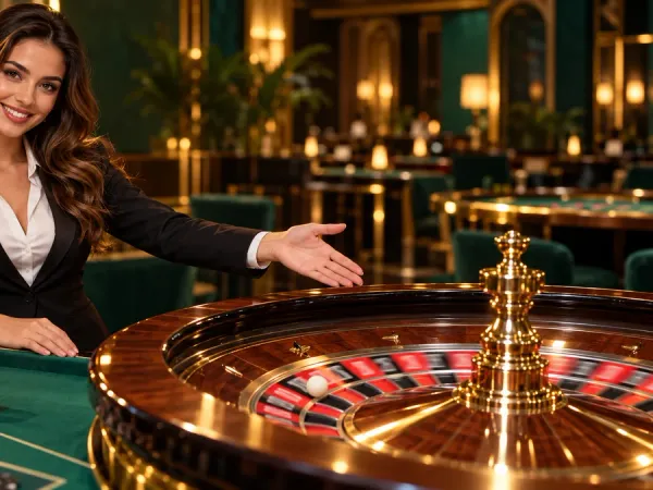 jjjpk Female dealer presenting a roulette wheel and chips at a green casino table
