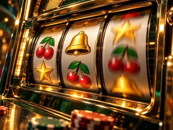 jjjpk Close-up slot machine with cherry, bell and star reels and casino chips